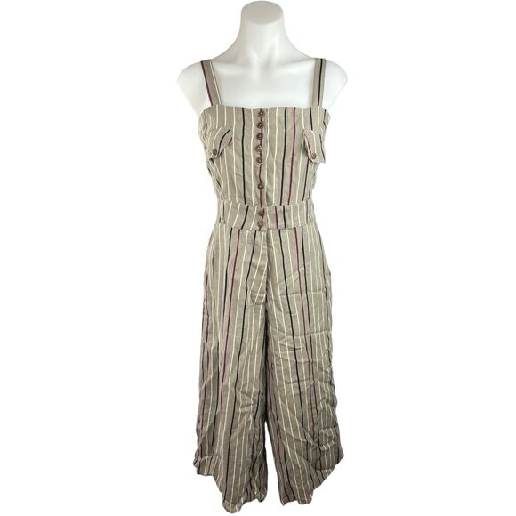 Producao Gray Striped Linen Blend Sleeveless Buttons Wide Leg Crop Jumpsuit M - Picture 2 of 6